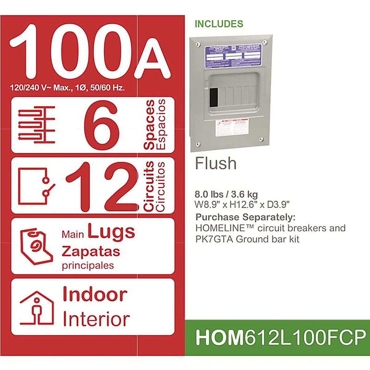 Square D HOM612L100FCP HomeLine 100 amps 120/240 volt 6 space 12 circuits Flush Mount Main Lug Load Center