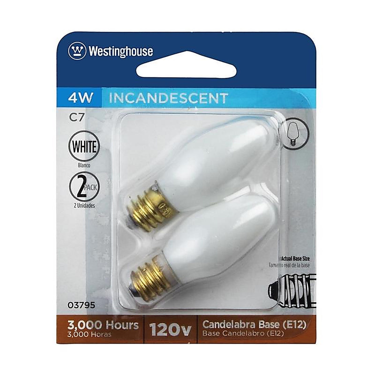 Westinghouse - 0379500 - 4 W C7 Specialty Incandescent Bulb E12 (Candelabra) White 2 Pack