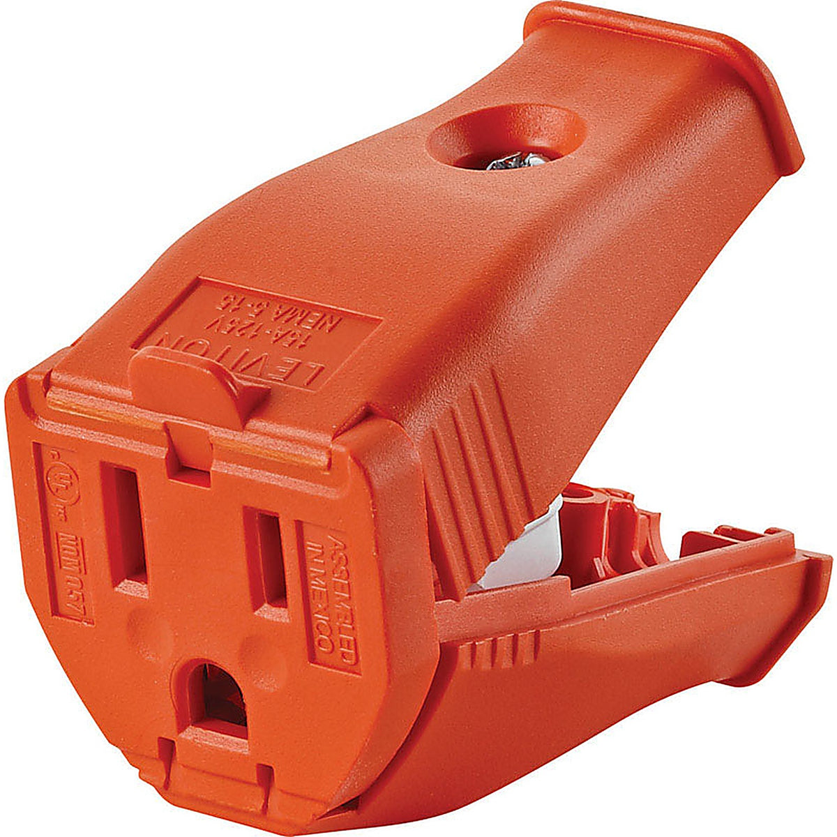 Leviton 3W102-0OR Commercial and Residential Thermoplastic Straight Blade Hinged Cord Outlet 5-15R 18-12 AWG