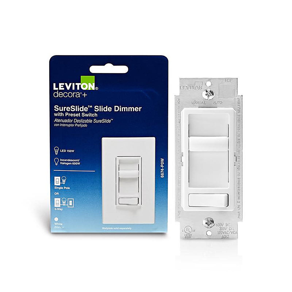 Leviton R62-06674-P0W SureSlide White 600 watt Preset Slide Dimmer Switch 1/Pack