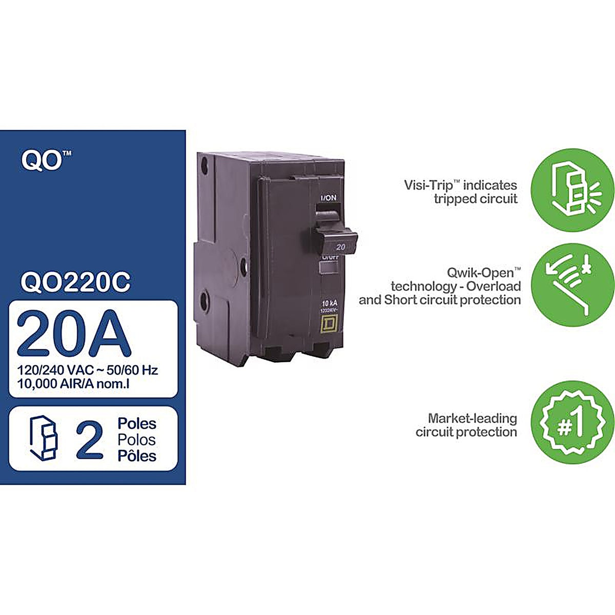 Square D - QO220C - Qo 20 Amps Plug in 2-Pole Circuit Breaker