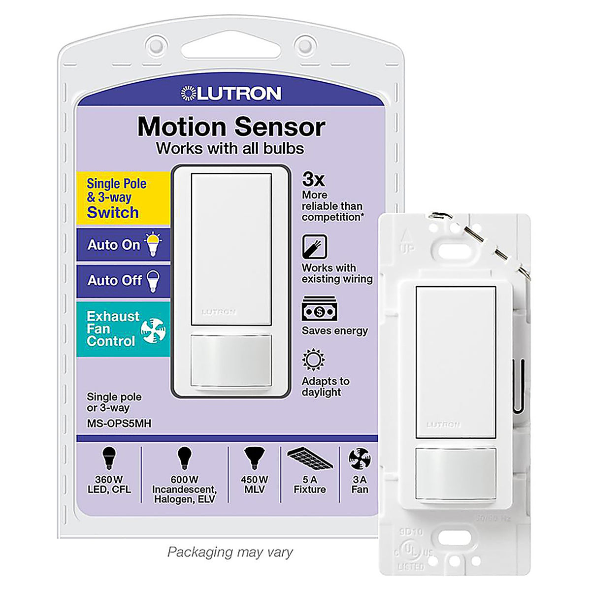 Lutron MS-OPS5MH-WH Maestro Occupancy Single pole Motion Sensor Triple Combination Switch White 1/Pack
