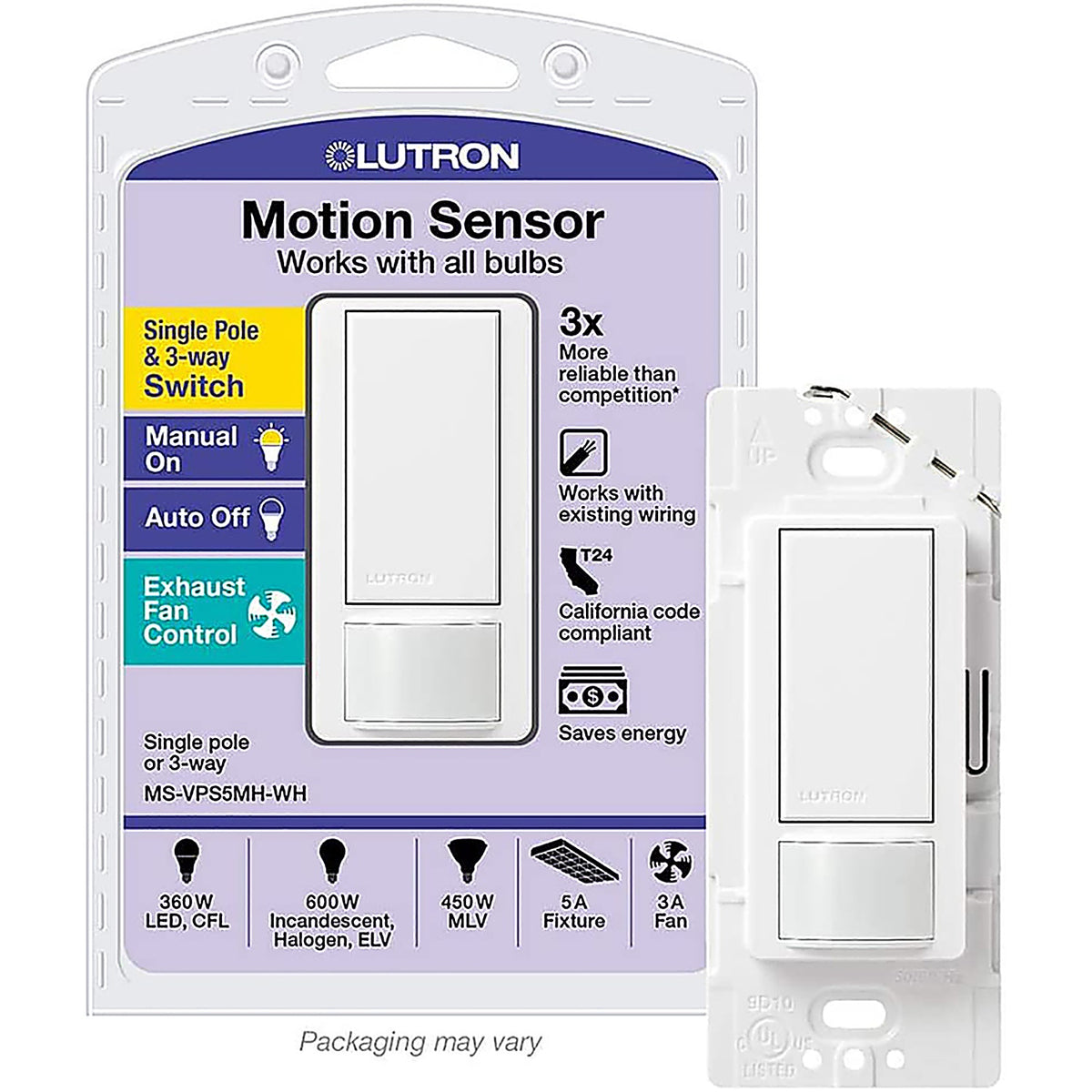 Lutron - MS-VPS5MH-WH - 5 Amps Single Pole Motion Sensor Alarm/Sensor Switch White 1 Pack