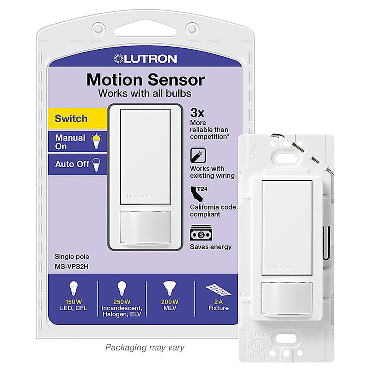 Lutron - MS-VPS2H-WH - 2 Amps Single Pole Motion Sensor Alarm/Sensor Switch White 1 Pack