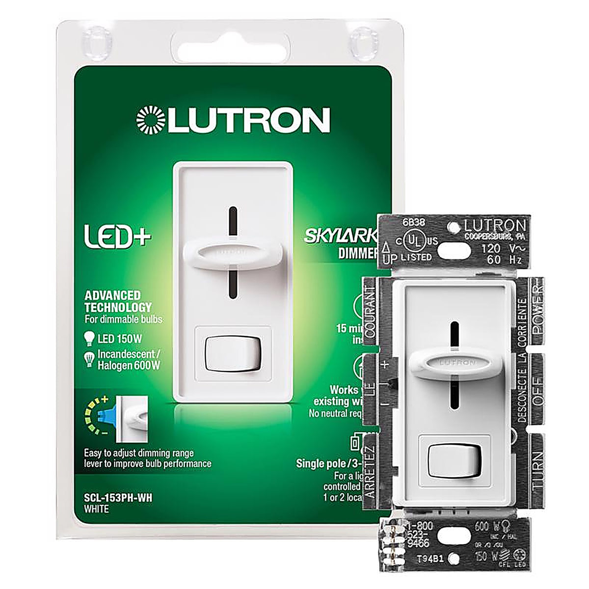 Lutron SCL-153PH-WH Skylark White 150 watt 3-Way Dimmer Switch 1/Pack