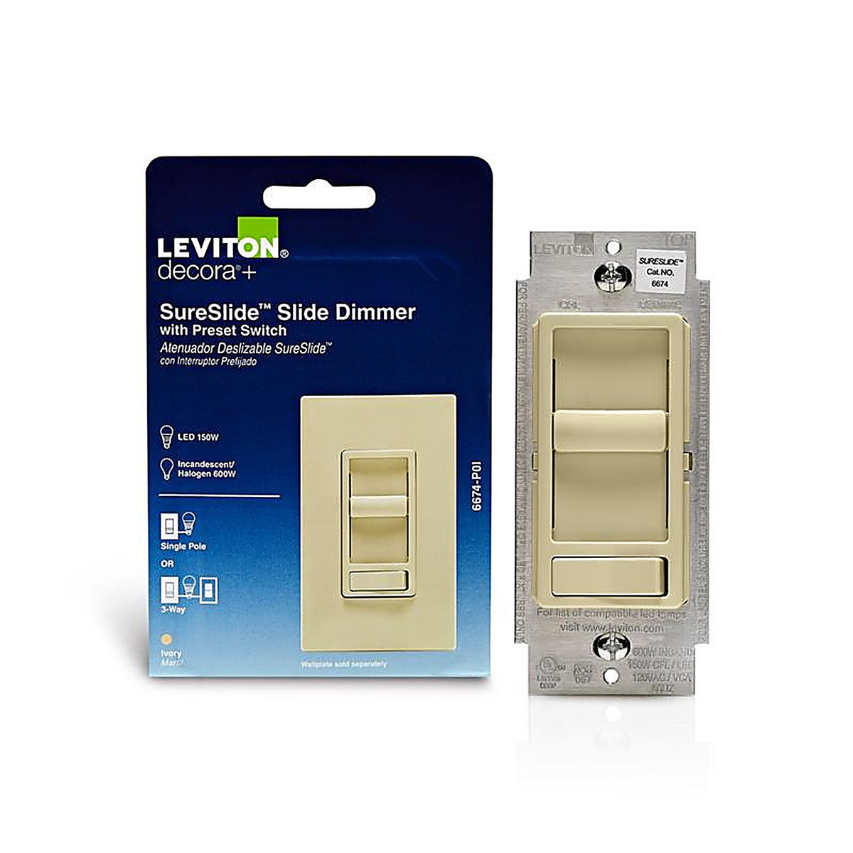 Leviton R61-06674-P0I SureSlide Ivory 600 watt Preset Slide Dimmer Switch 1/Pack