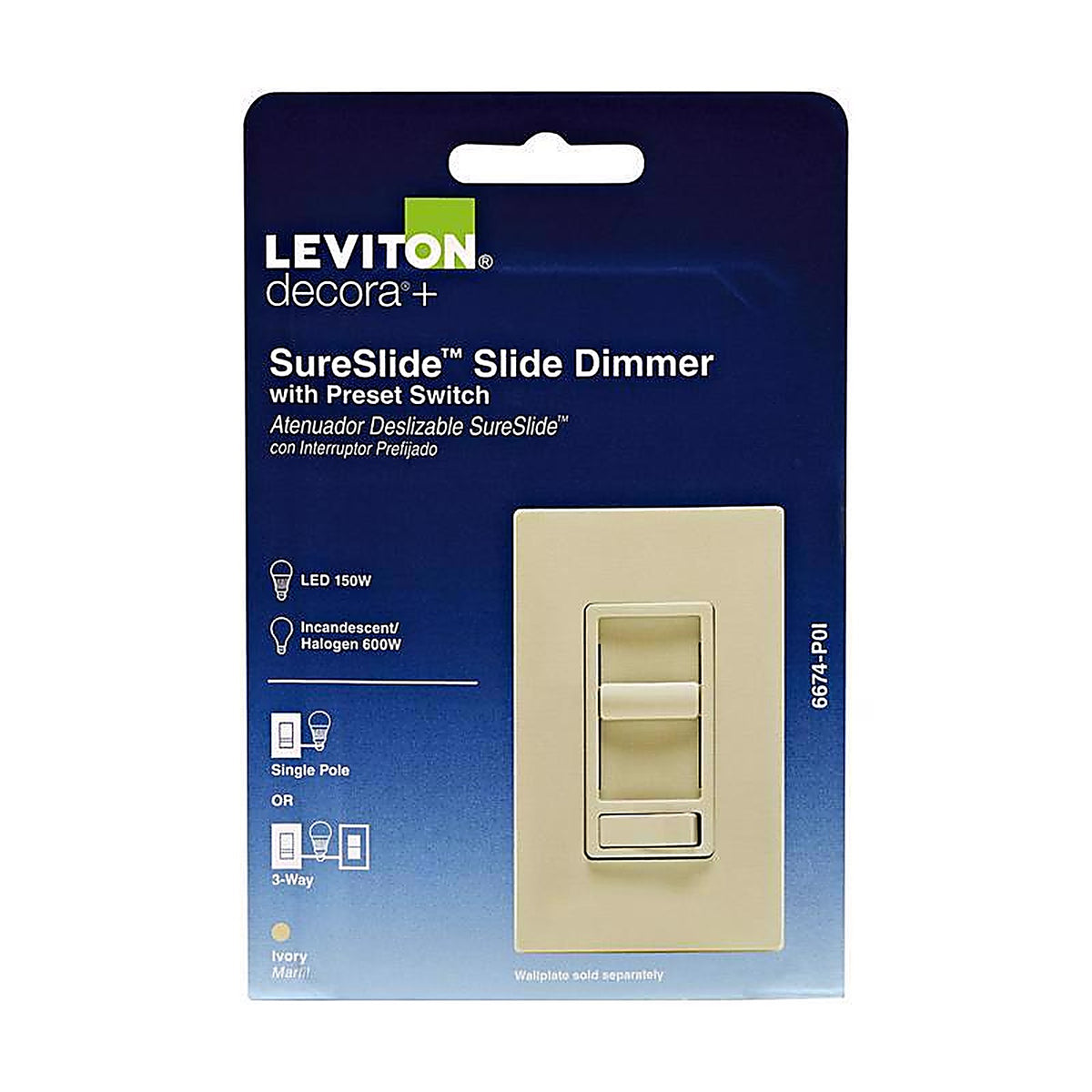 Leviton R61-06674-P0I SureSlide Ivory 600 watt Preset Slide Dimmer Switch 1/Pack