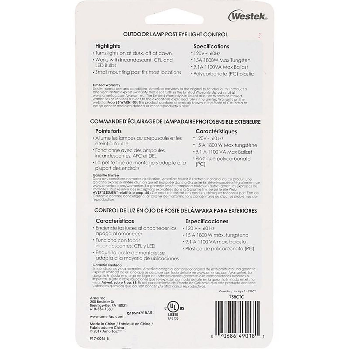 Amertac 758CTC-4 Black Photoelectric Eye Light Control 1/Pack