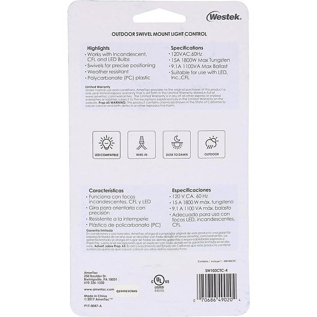 Amertac SW103CTC-4 Black Photoelectric Swivel Eye Light Control 1/Pack