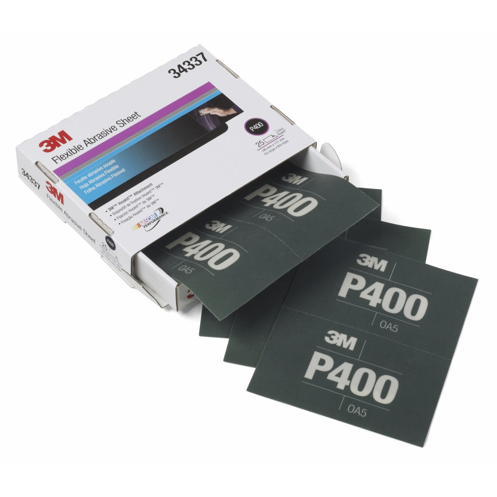 3M 34337 Flexible Abrasive Hookit Sheet, 5.5 in x 6.8 in, P400, 25 sheets per box