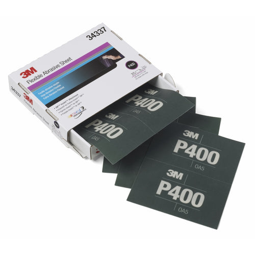 3M 34337 Flexible Abrasive Hookit Sheet, 5.5 in x 6.8 in, P400, 25 sheets per box
