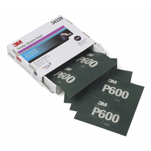 3M 34339 Flexible Abrasive Hookit Sheet, 5.5 in x 6.8 in, P600, 25 sheets per box