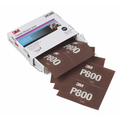 3M 34340 Flexible Abrasive Hookit Sheet, 5.5 in x 6.8 in, P800, 25 sheets per box