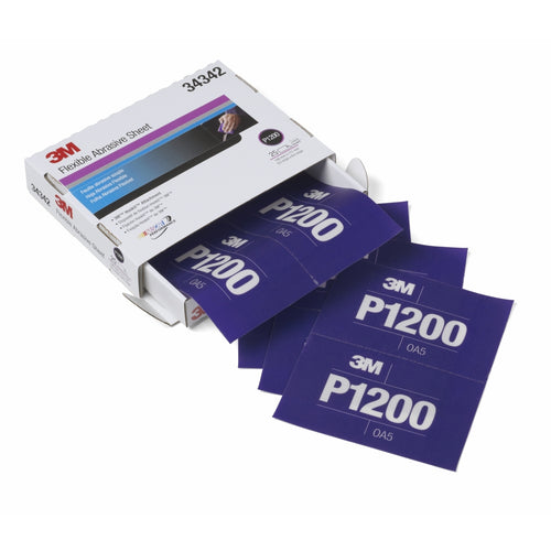 3M 34342 Flexible Abrasive Hookit Sheet, 5.5 in x 6.8 in, P1200, 25 sheets per box