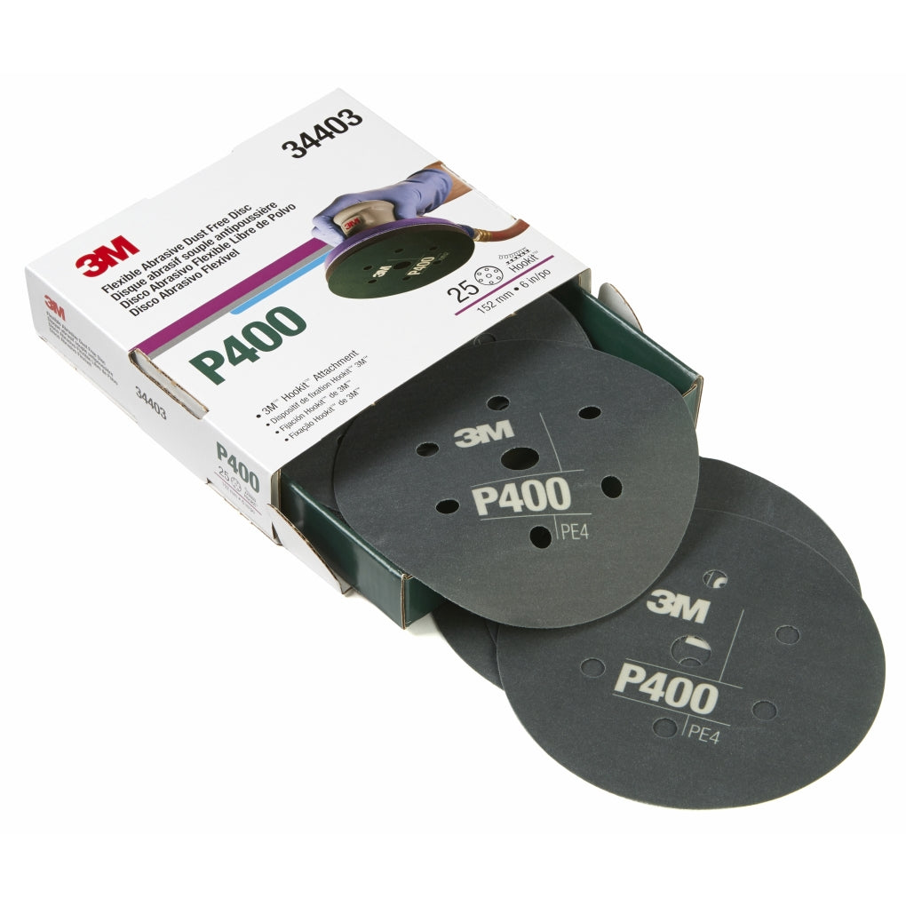3M 34403 Hookit Flexible Abrasive Dust Free Disc, 6 in 7H, P400, 25 disc per box 60455072649