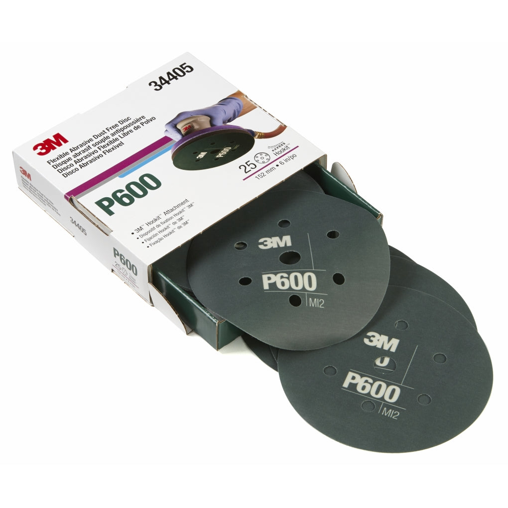 3M 34405 Hookit Flexible Abrasive Disc Dust Free, P600, 6 in 7H, 25 disc per box 60455072656