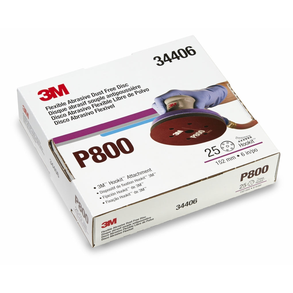 3M 34406 Hookit Flexible Abrasive Disc Dust Free, P800, 6 in 7H, 25 disc per box 60455072664