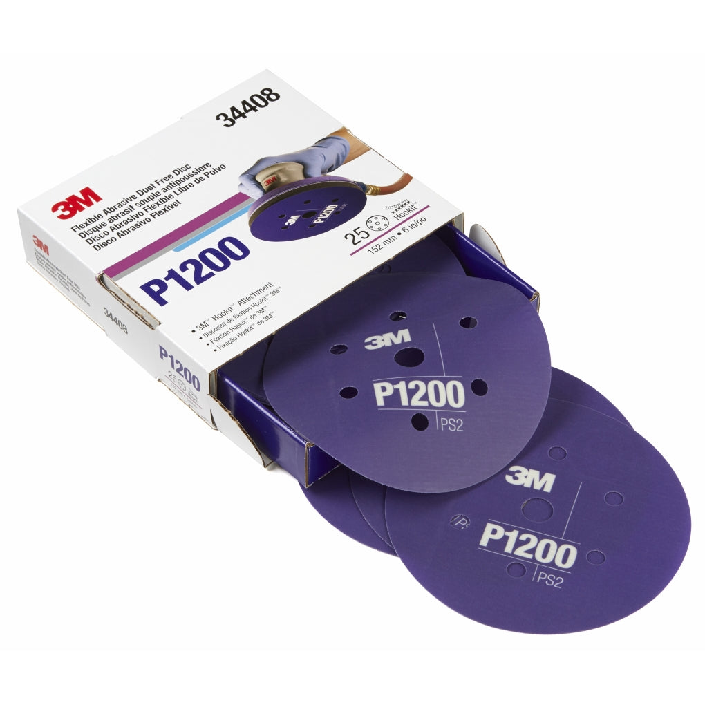 3M 34408 Hookit Flexible Abrasive Disc Dust Free, 6 in, P1200, 7H, 25 disc per box 60455072680