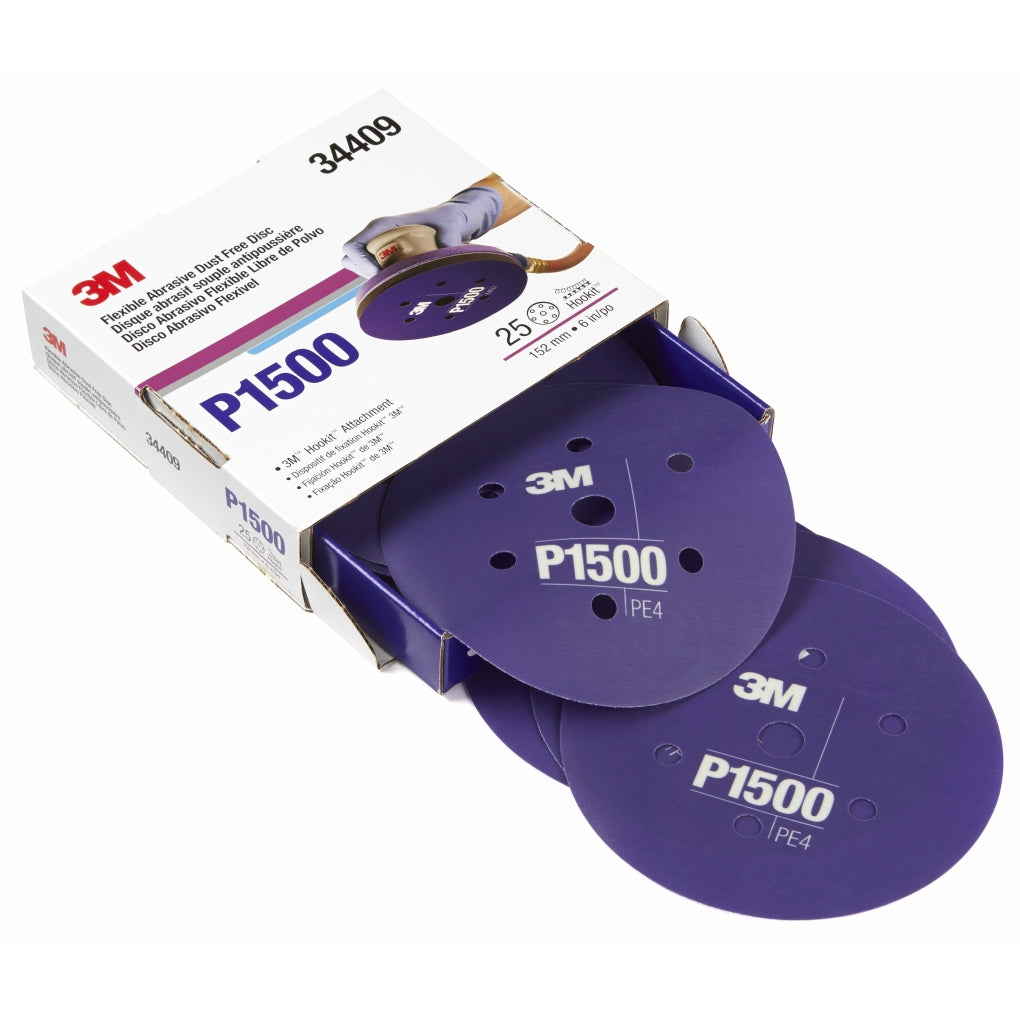 3M 34409 Hookit Flexible Abrasive Disc Dust Free, P1500, 6 in 7H, 25 disc per box 60455072698