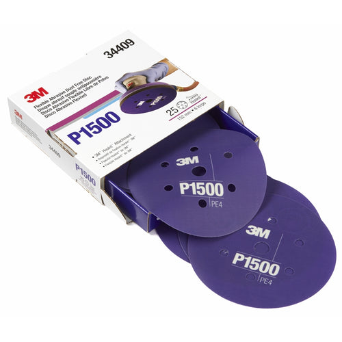3M 34409 Hookit Flexible Abrasive Disc Dust Free, P1500, 6 in 7H, 25 disc per box 60455072698