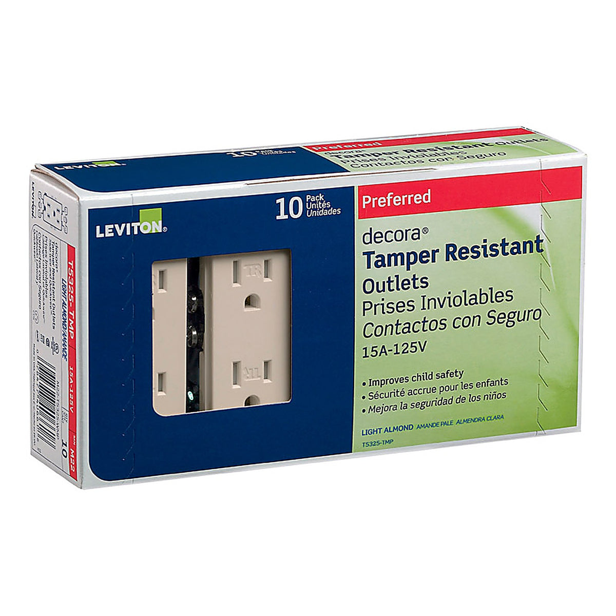 Leviton - T5325-TMP - Decora 15 Amps 125 V Duplex Light Almond Outlet 5-15R 10 Pack