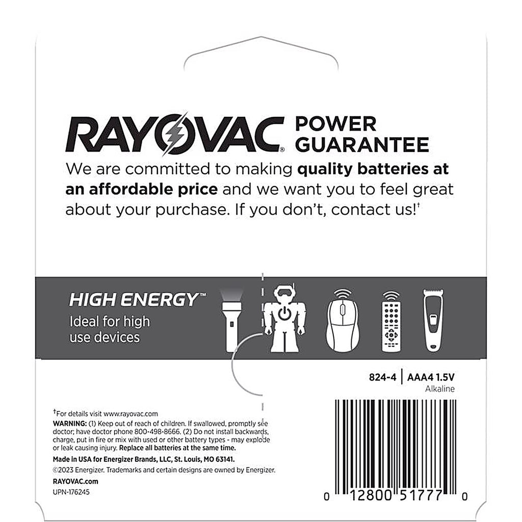 Rayovac 824-4K High Energy AAA Alkaline Batteries 4 pk Carded