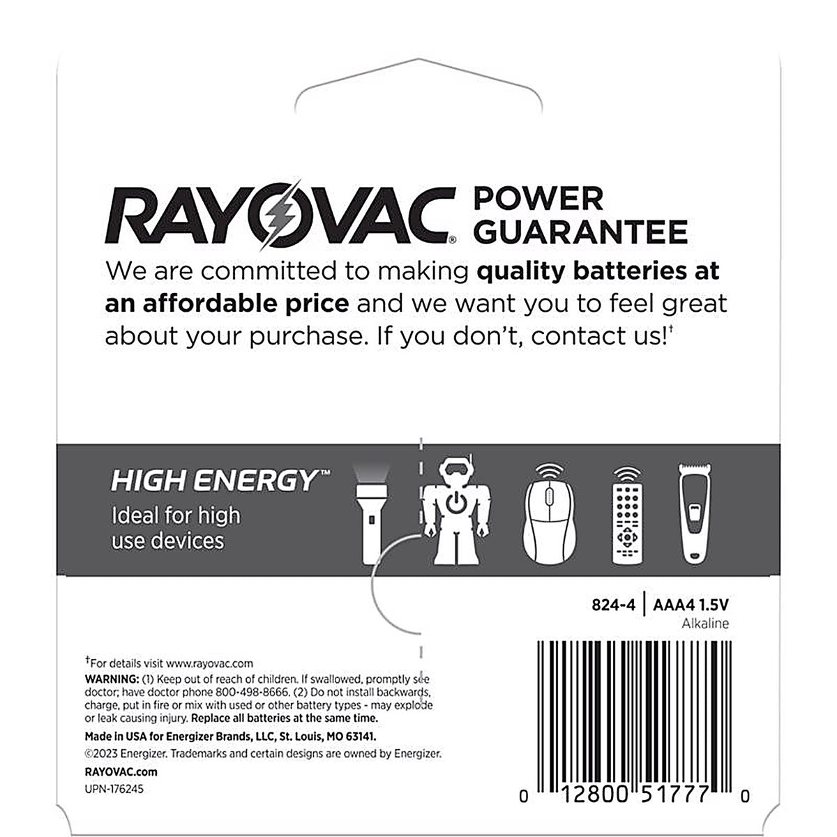 Rayovac 824-4K High Energy AAA Alkaline Batteries 4 pk Carded