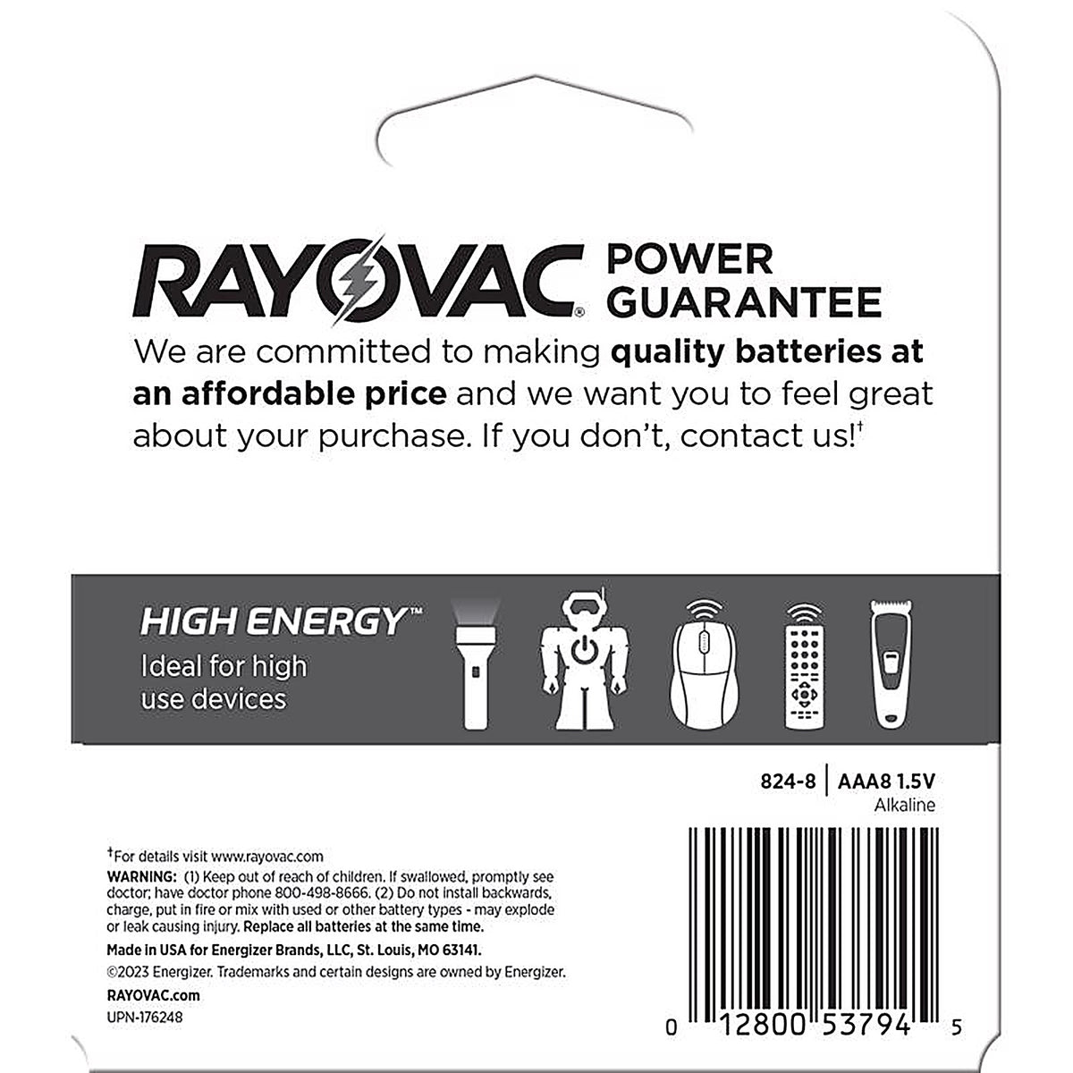 Rayovac 824-8T High Energy AAA Alkaline Batteries 8 pk Carded