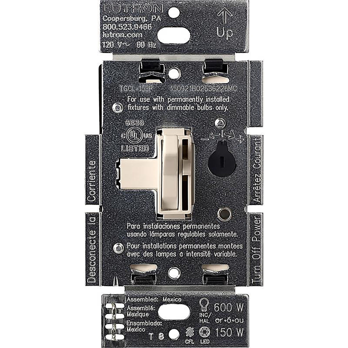 Lutron - TGCL-153PH-LA - Toggler Light Almond 150 W 3-Way Dimmer Switch 1 Pack