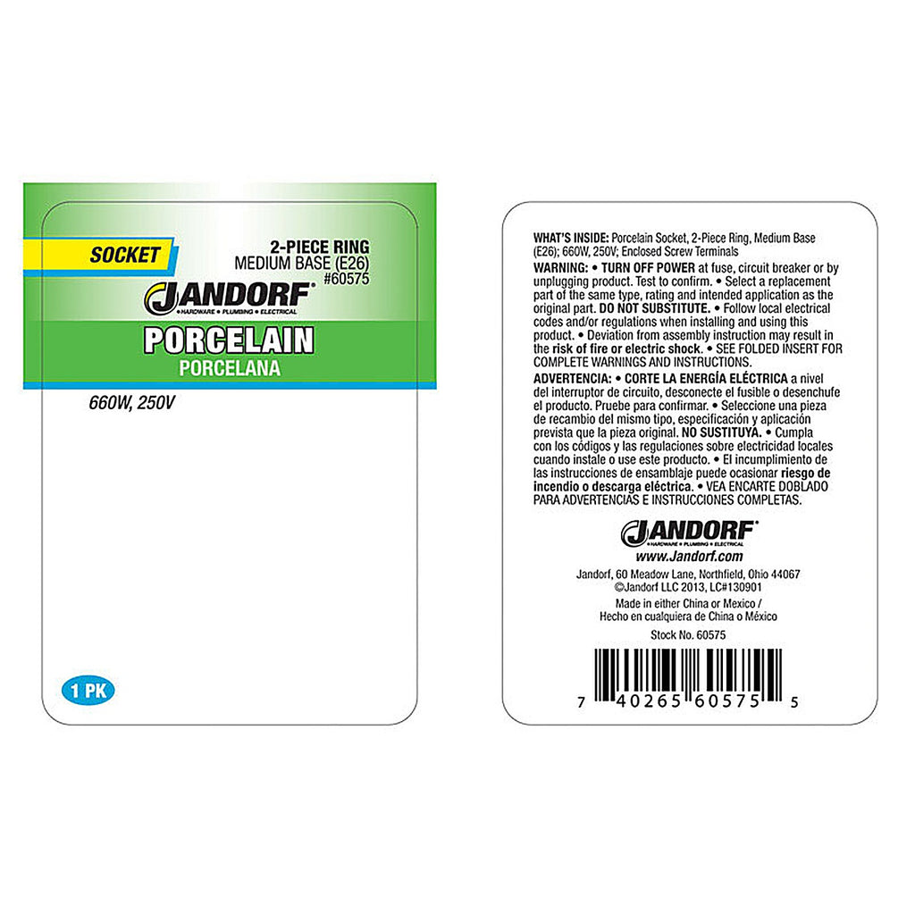 Jandorf 60575 Porcelain Medium Base Ring Socket 1/Pack