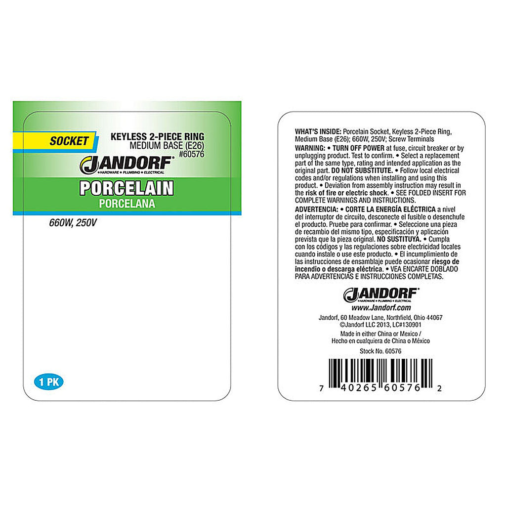 Jandorf 60576 Porcelain Medium Base Ring Socket 1/Pack