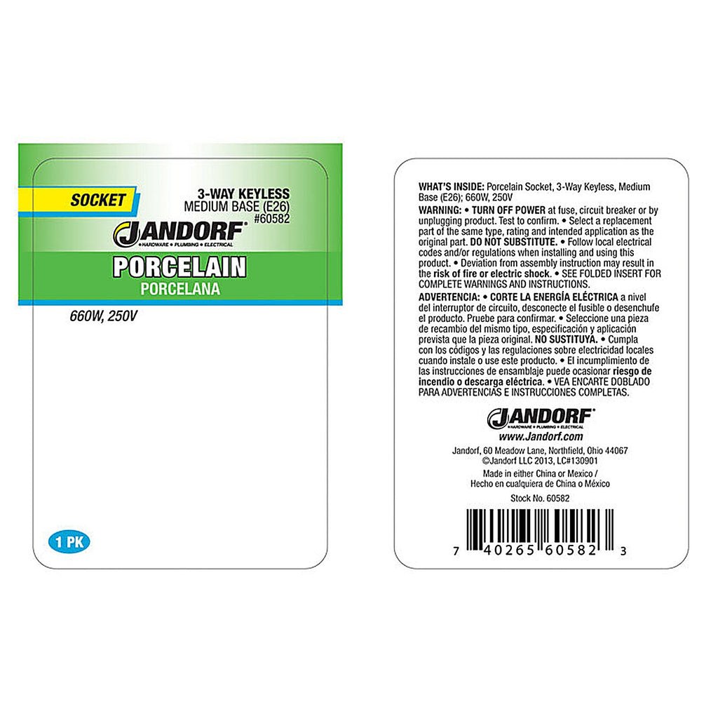 Jandorf 60582 Porcelain Medium Base Keyless Socket 1/Pack
