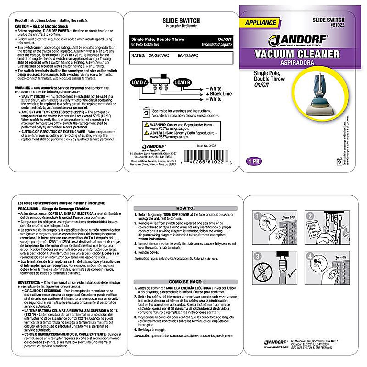 Jandorf 61022 6 amps Single Pole Slide Appliance Switch Black/Silver 1/Pack