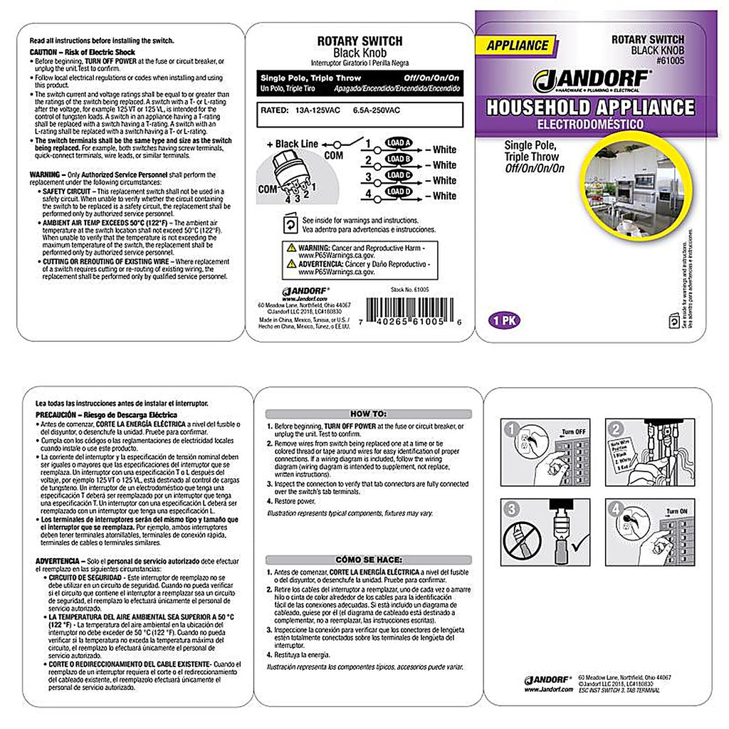 Jandorf - 61005 - 13 Amps Single Pole Rotary Appliance Switch Black 1 Pack