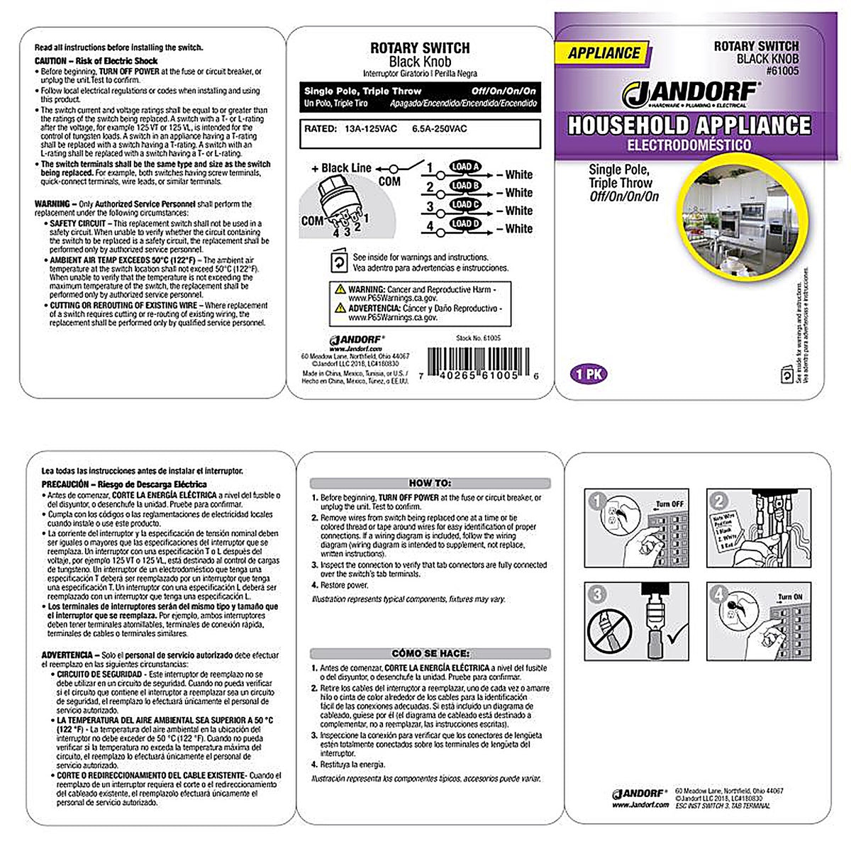 Jandorf - 61005 - 13 Amps Single Pole Rotary Appliance Switch Black 1 Pack