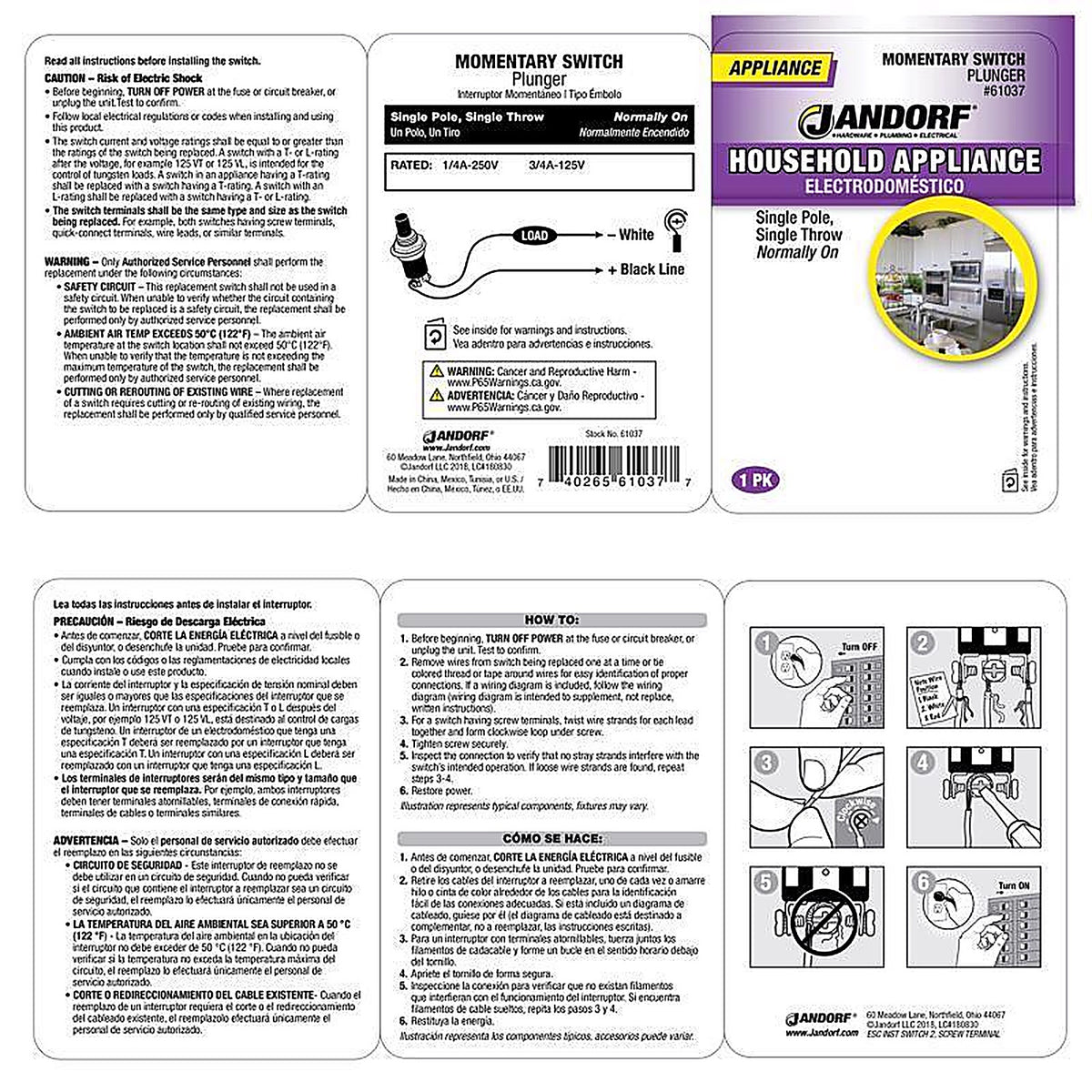 Jandorf 61037 0.25 amps Single Pole Momentary/Normally On Appliance Switch Black 1/Pack