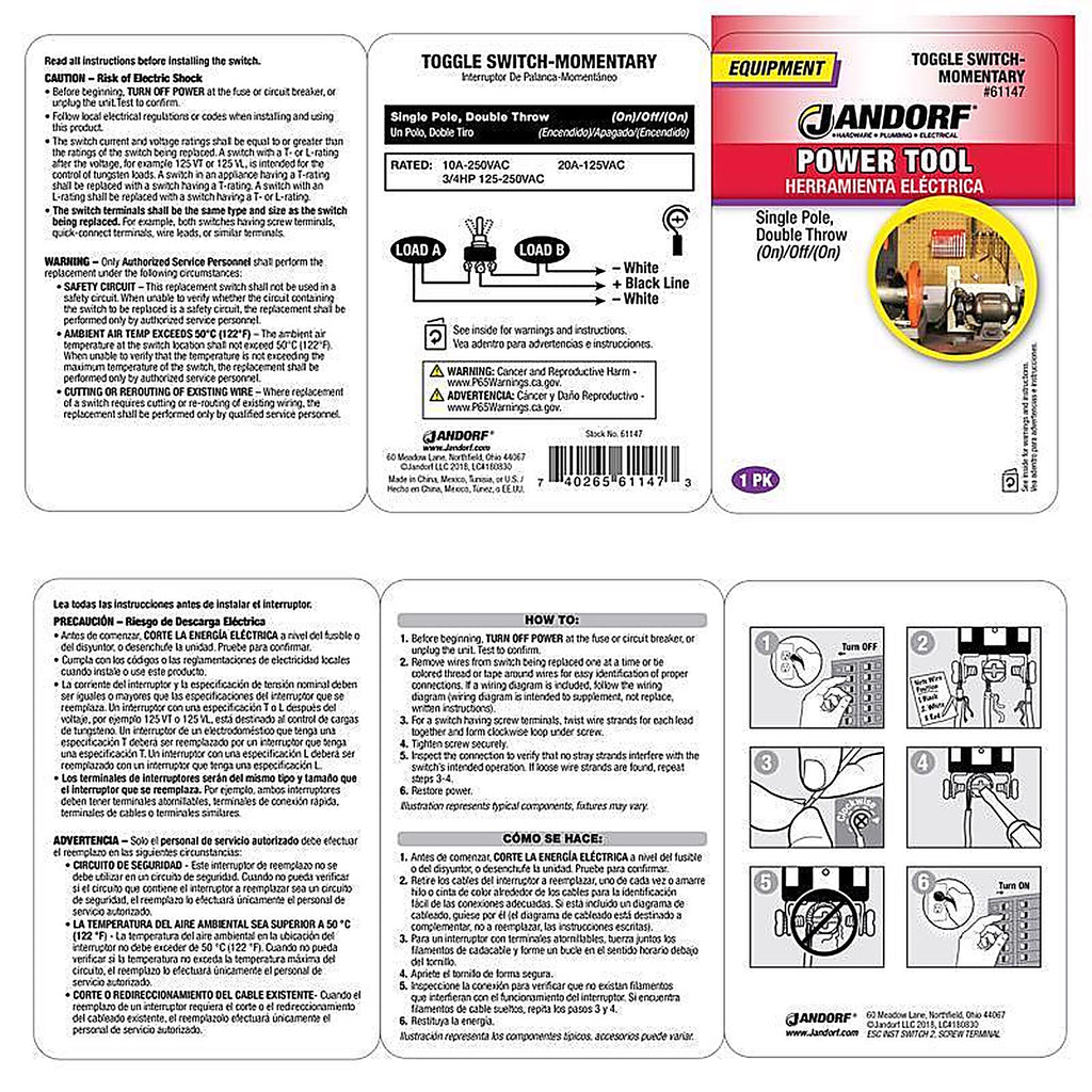 Jandorf 61147 20 amps Single Pole Toggle Power Tool Switch Silver 1/Pack