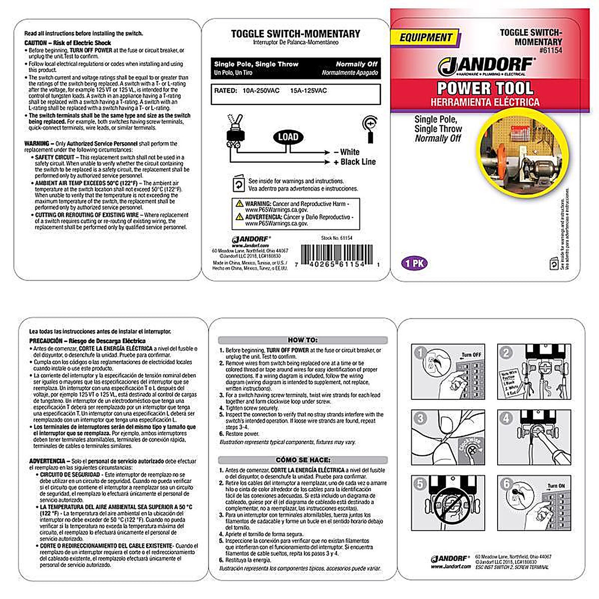 Jandorf 61154 15 amps Single Pole Toggle Power Tool Switch Silver 1/Pack