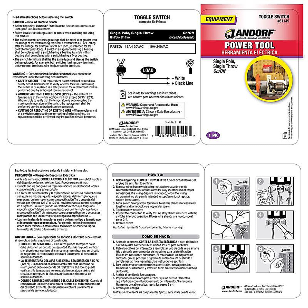 Jandorf 61149 15 amps Single Pole Toggle Power Tool Switch Silver 1/Pack