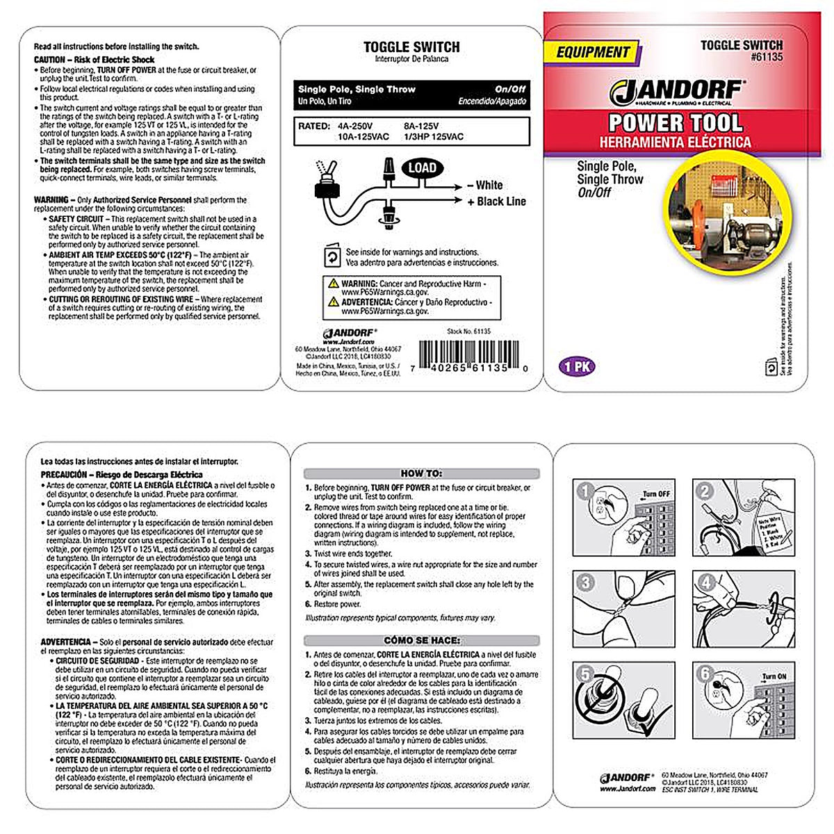 Jandorf 61135 8 amps Single Pole Toggle Power Tool Switch Silver 1/Pack