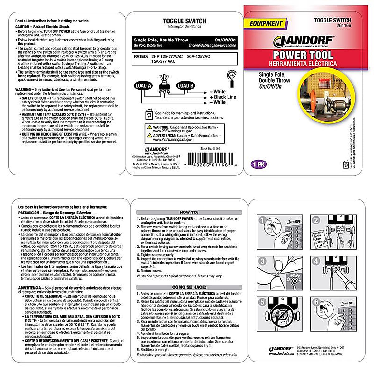Jandorf 61166 20 amps Single Pole Toggle Power Tool Switch Silver 1/Pack