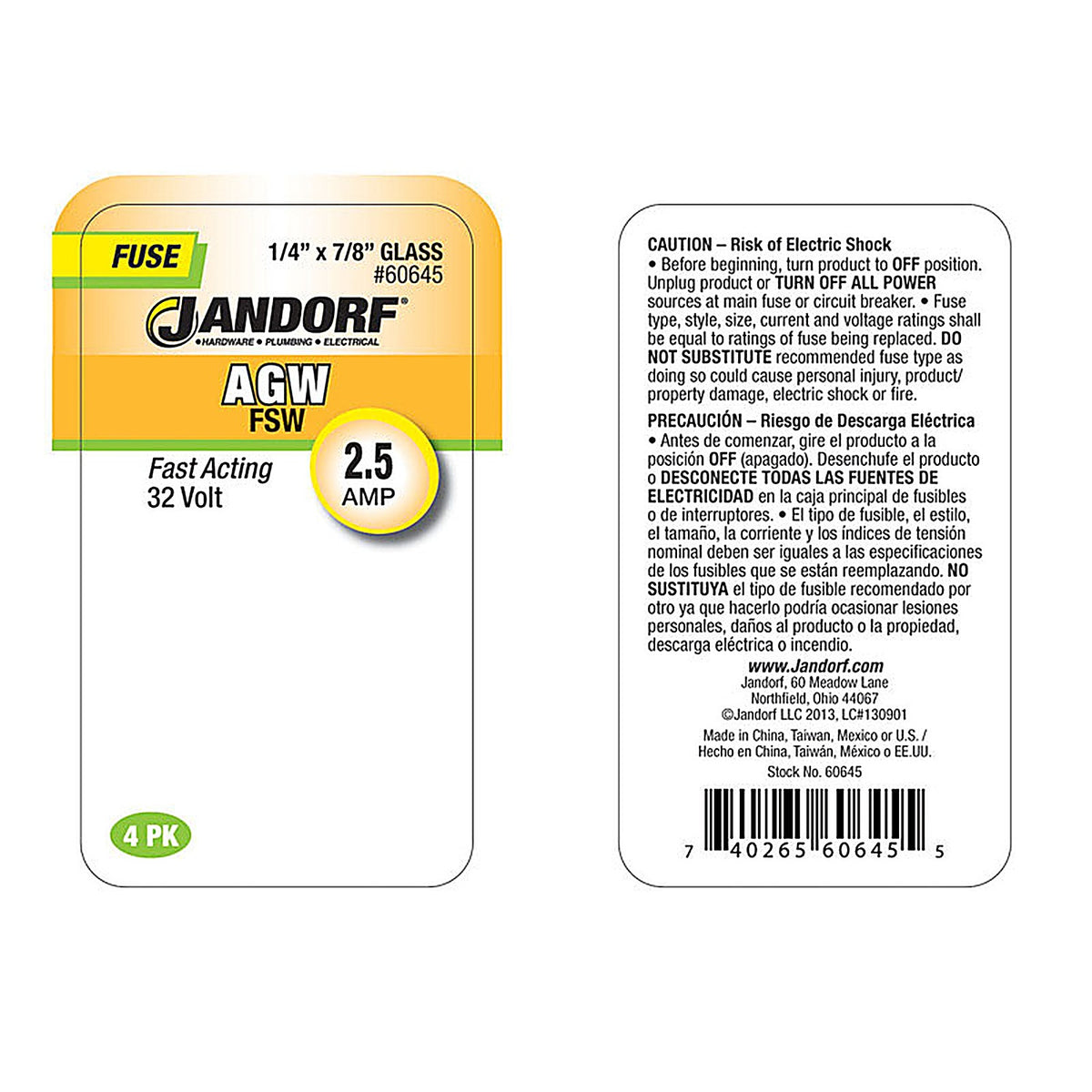Jandorf - 60645 - Agw 2.5 Amps Fast Acting Fuse 4 Pack