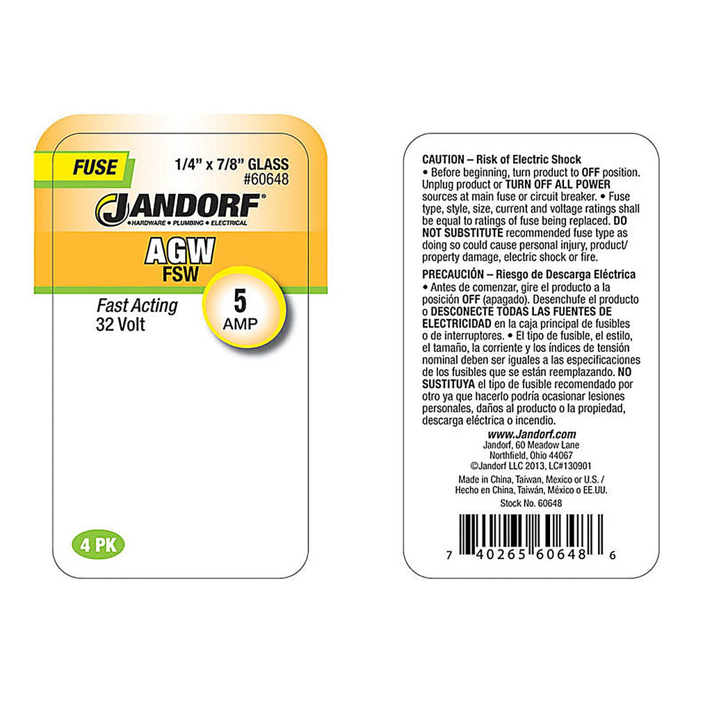 Jandorf 60648 AGW 5 amps Fast Acting Fuse 4/Pack