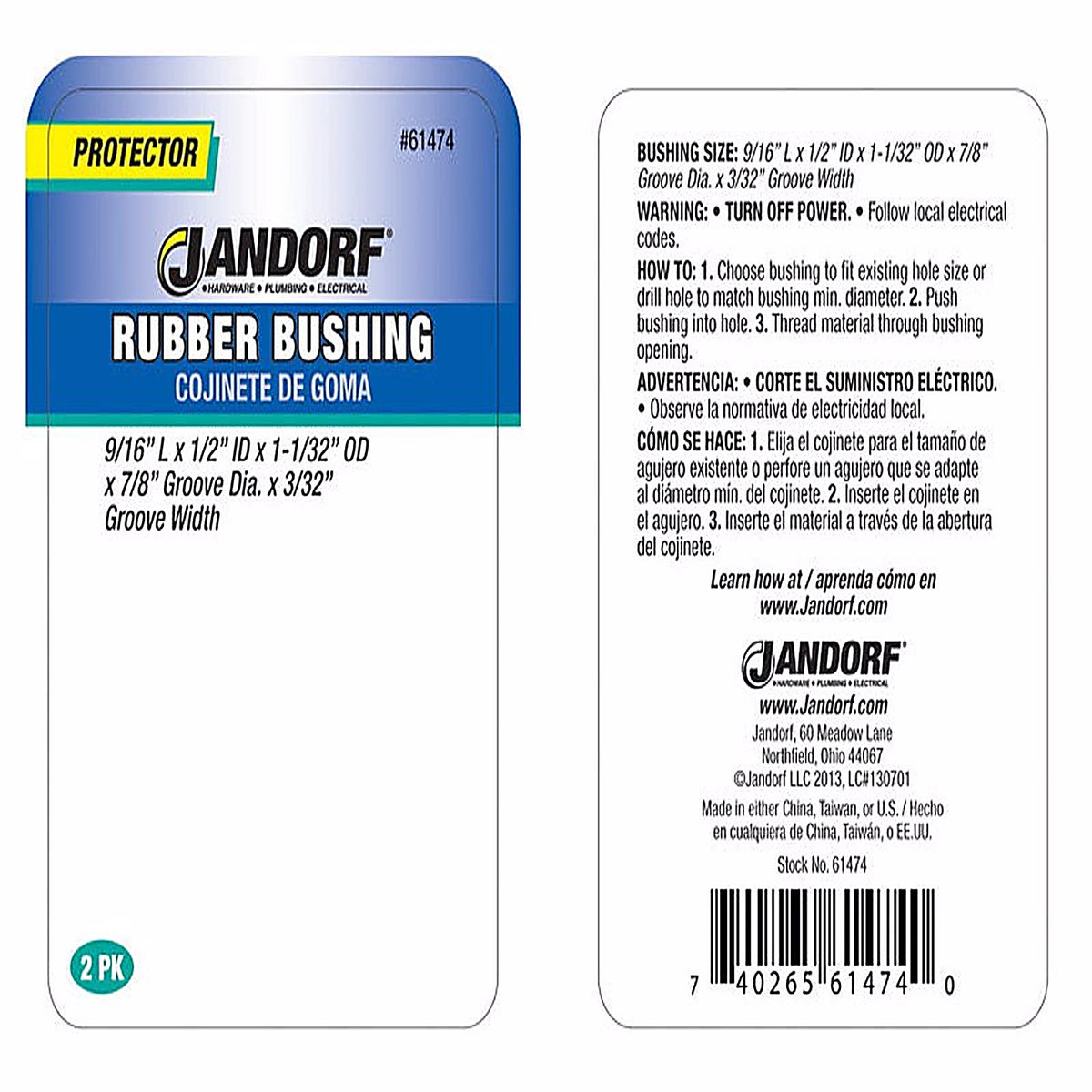 Jandorf 61474 7/8 in. Rubber Bushing 2/Pack