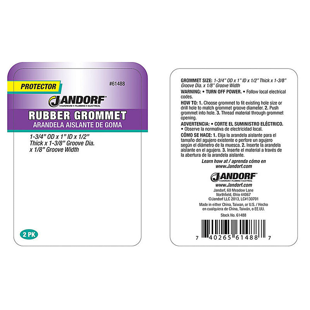 Jandorf 61488 1-3/4 in. Dia. Rubber Grommet 2/Pack