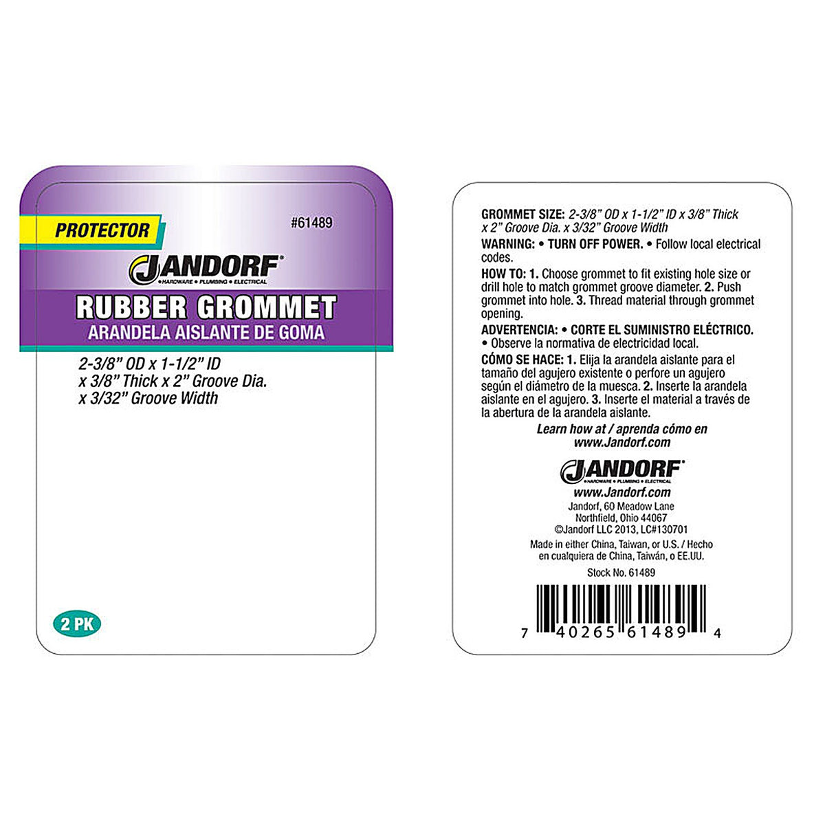Jandorf 61489 2-3/8 in. Dia. Rubber Grommet 2/Pack