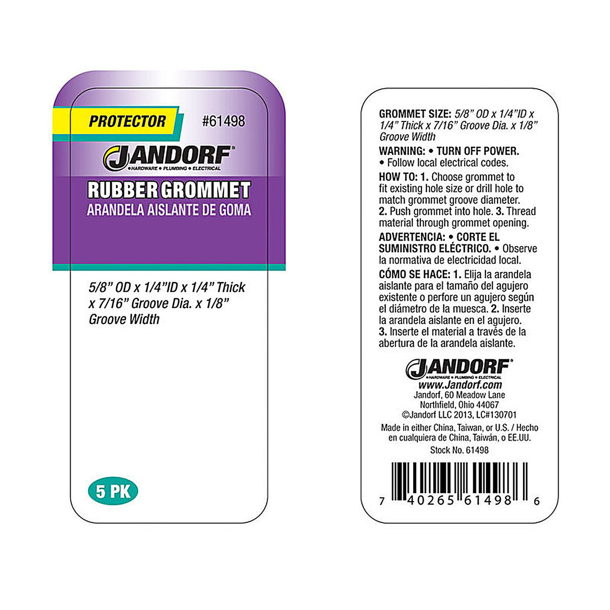 Jandorf 61498 5/8 in. Dia. Rubber Grommet 5/Pack