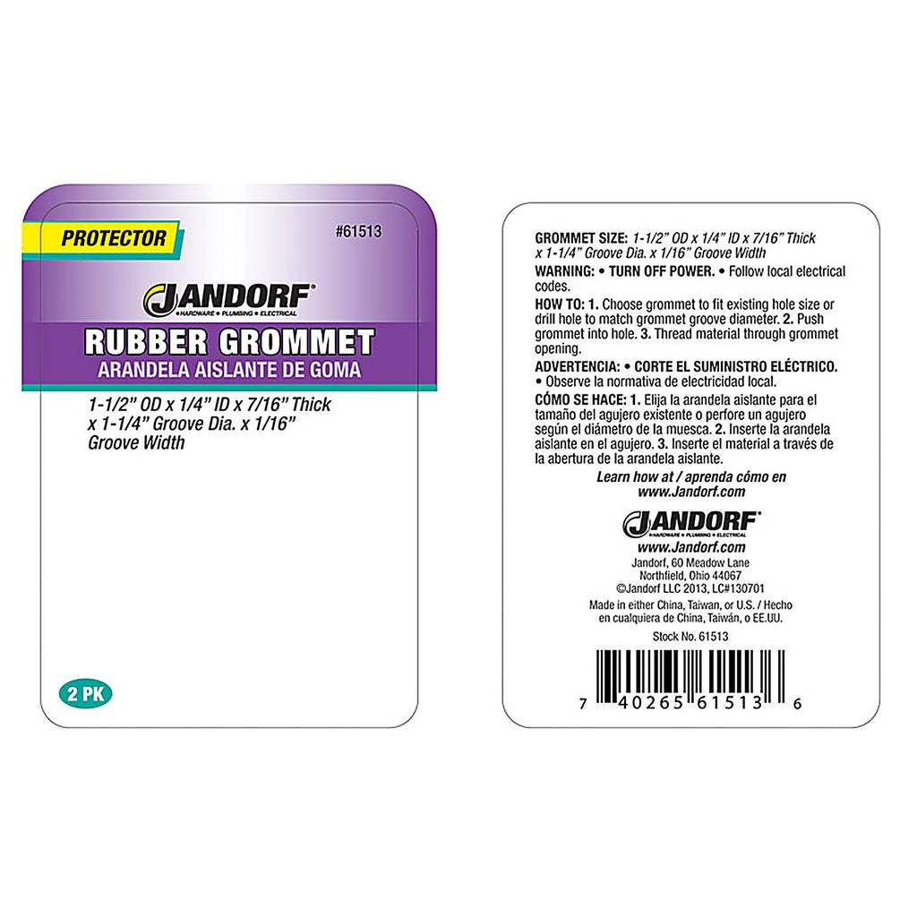 Jandorf 61513 1-1/2 in. Dia. Rubber Grommet 2/Pack