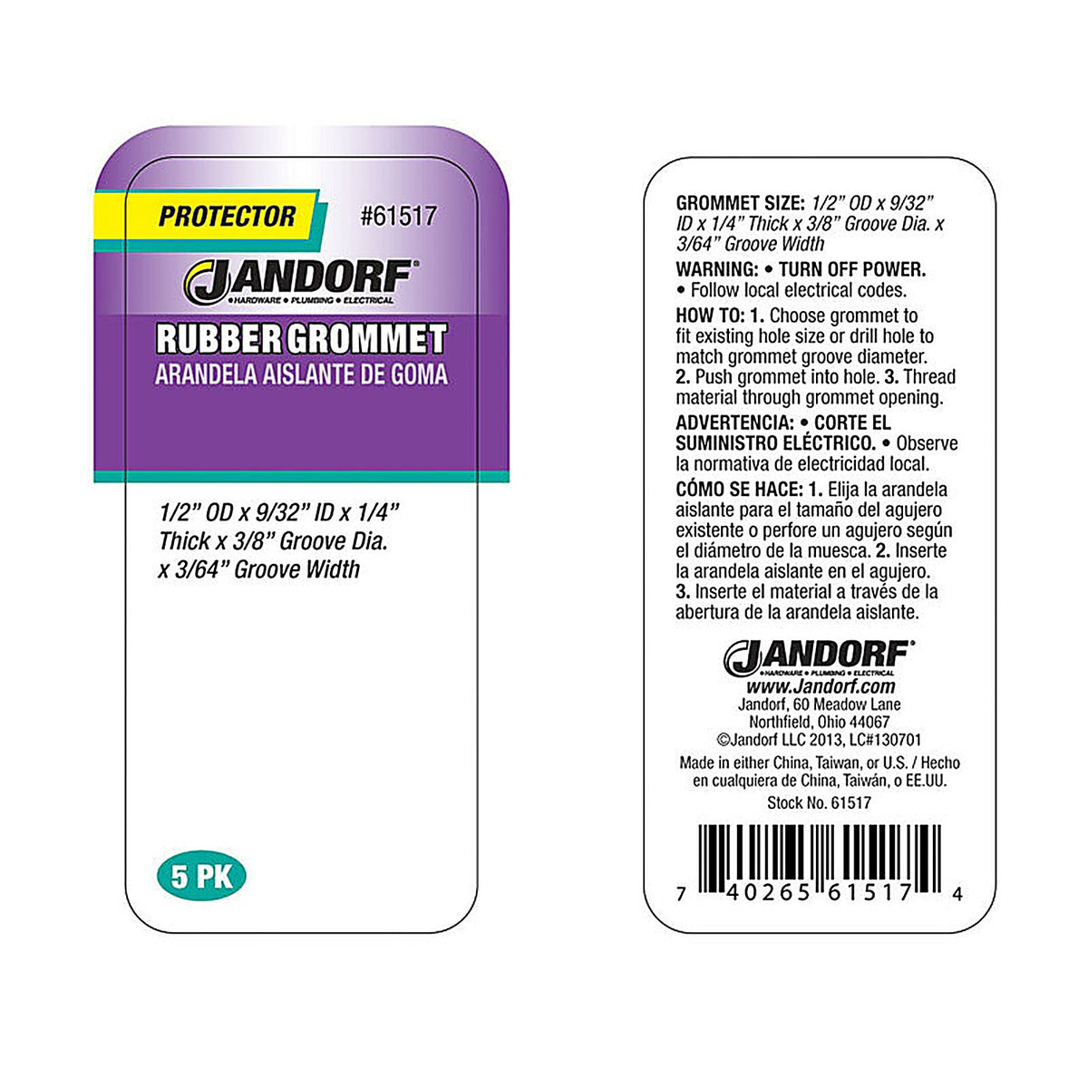 Jandorf 61517 1/2 in. Dia. Rubber Grommet 5/Pack