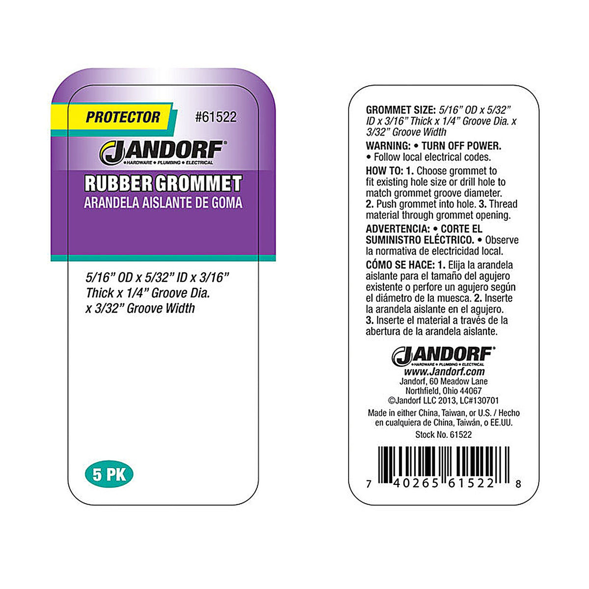 Jandorf 61522 5/16 in. Dia. Rubber Grommet 5/Pack
